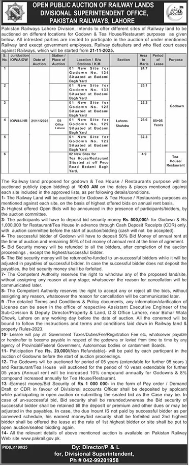 Pakistan Railways Lahore Tender Notice